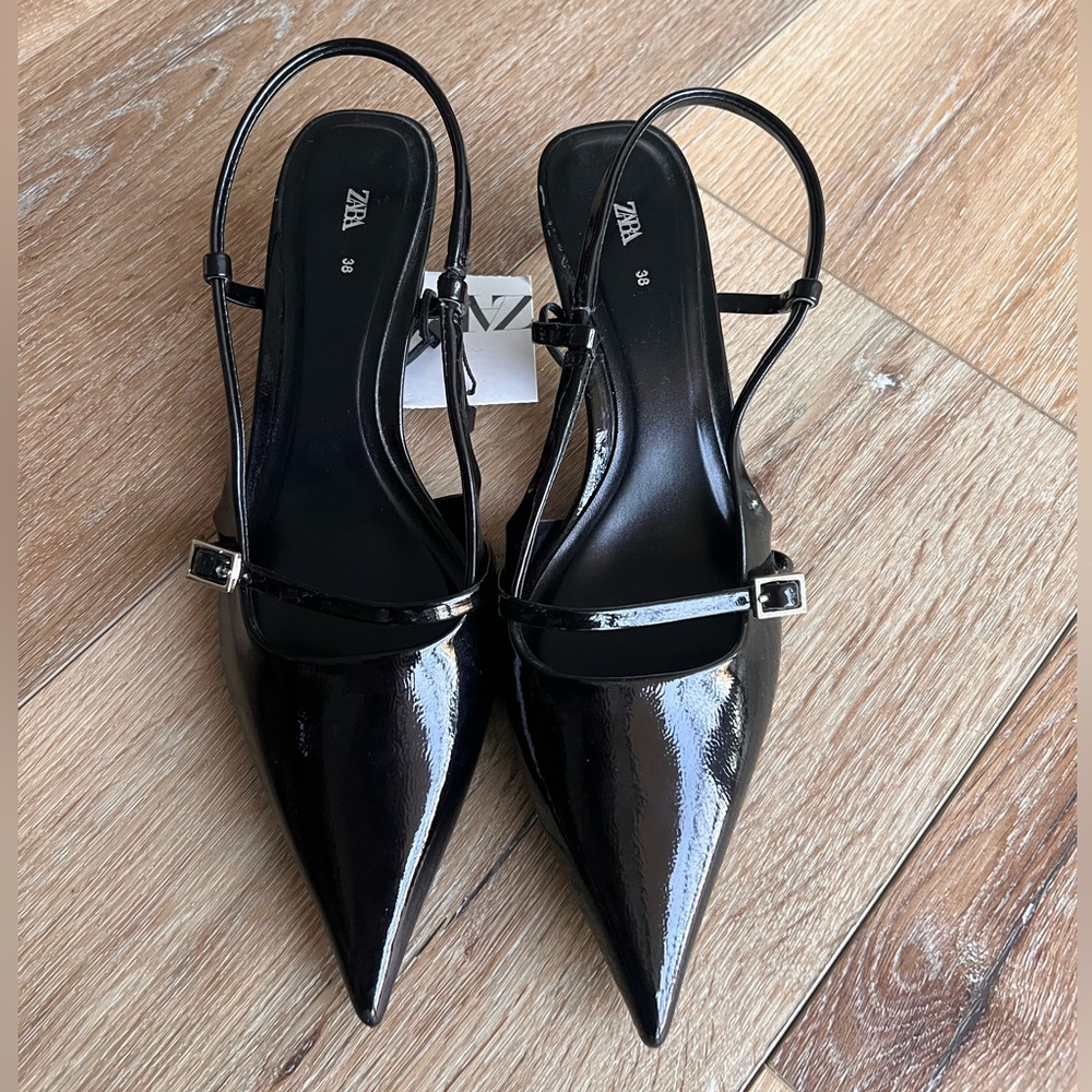 Zara Black Patent Leather Slingback Heels
